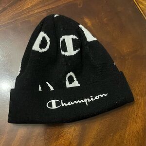 Champion Black Beanie with White Script Logo